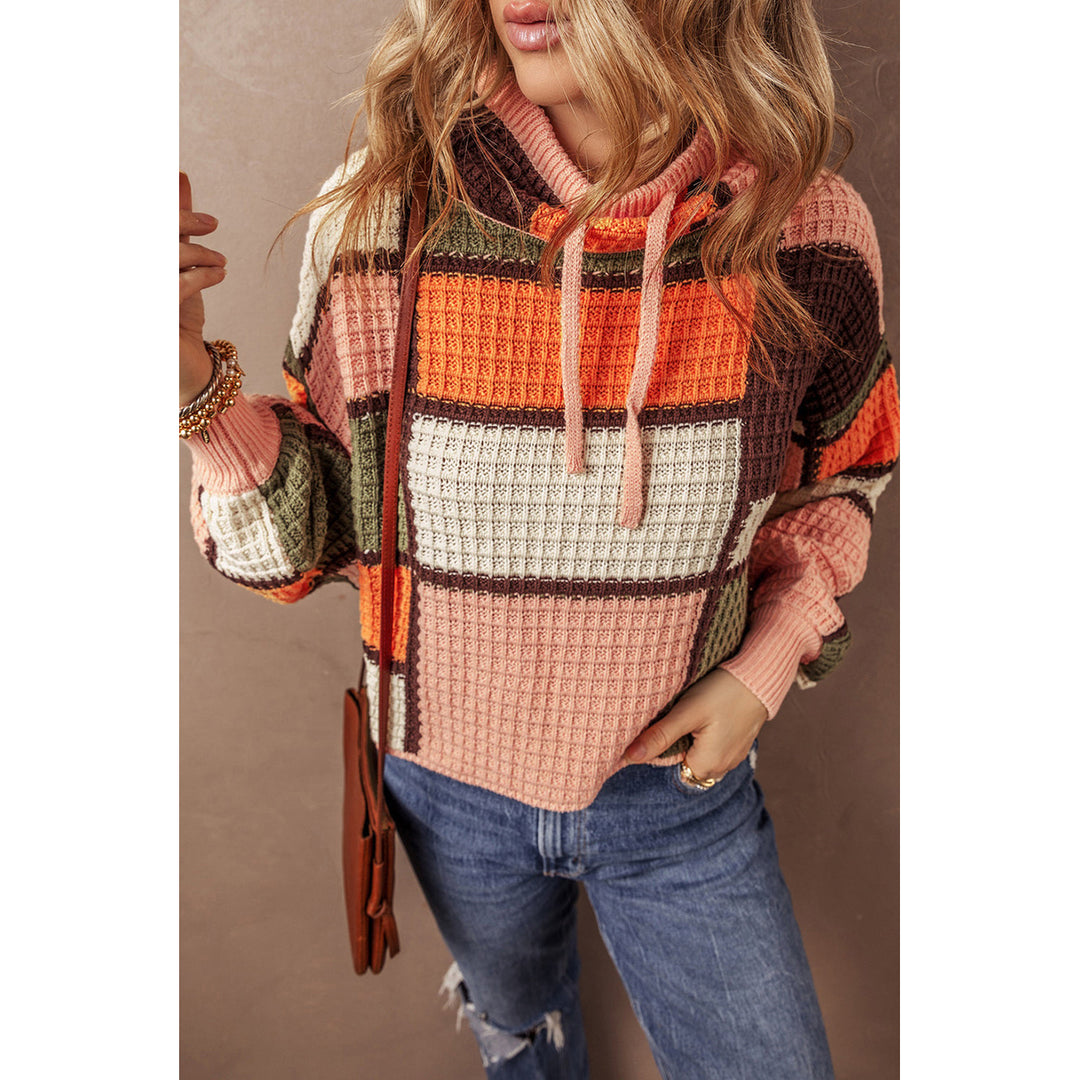 Orange Color Block Waffle Knit Drawstring Mock Neck Sweater Image 4