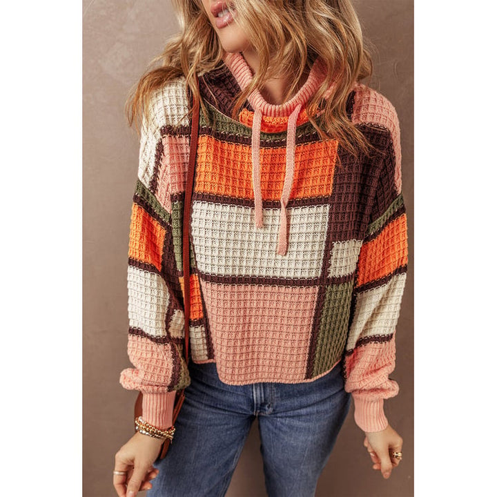 Orange Color Block Waffle Knit Drawstring Mock Neck Sweater Image 6