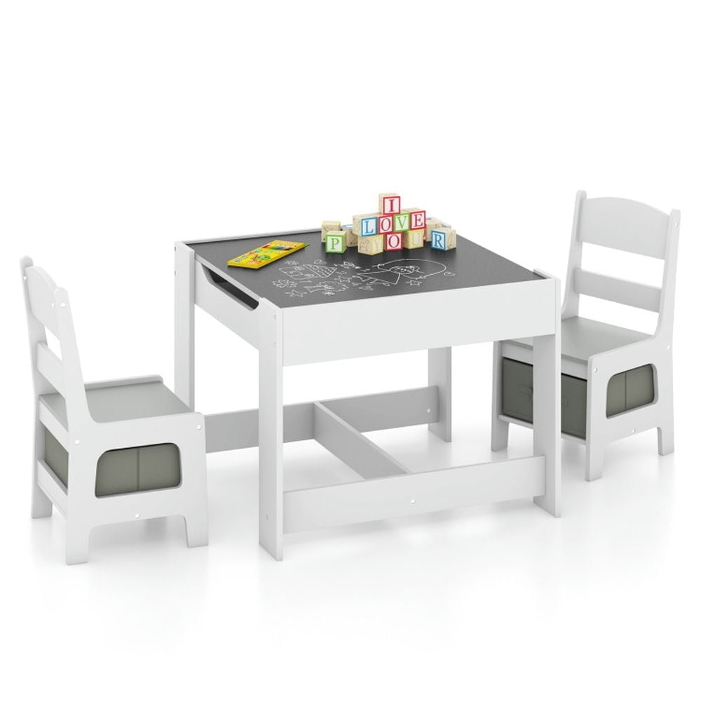 Hommoo Kids Table Chairs Set With Storage Boxes Blackboard Whiteboard Drawing-White Small Folding Table for Arts and Image 1