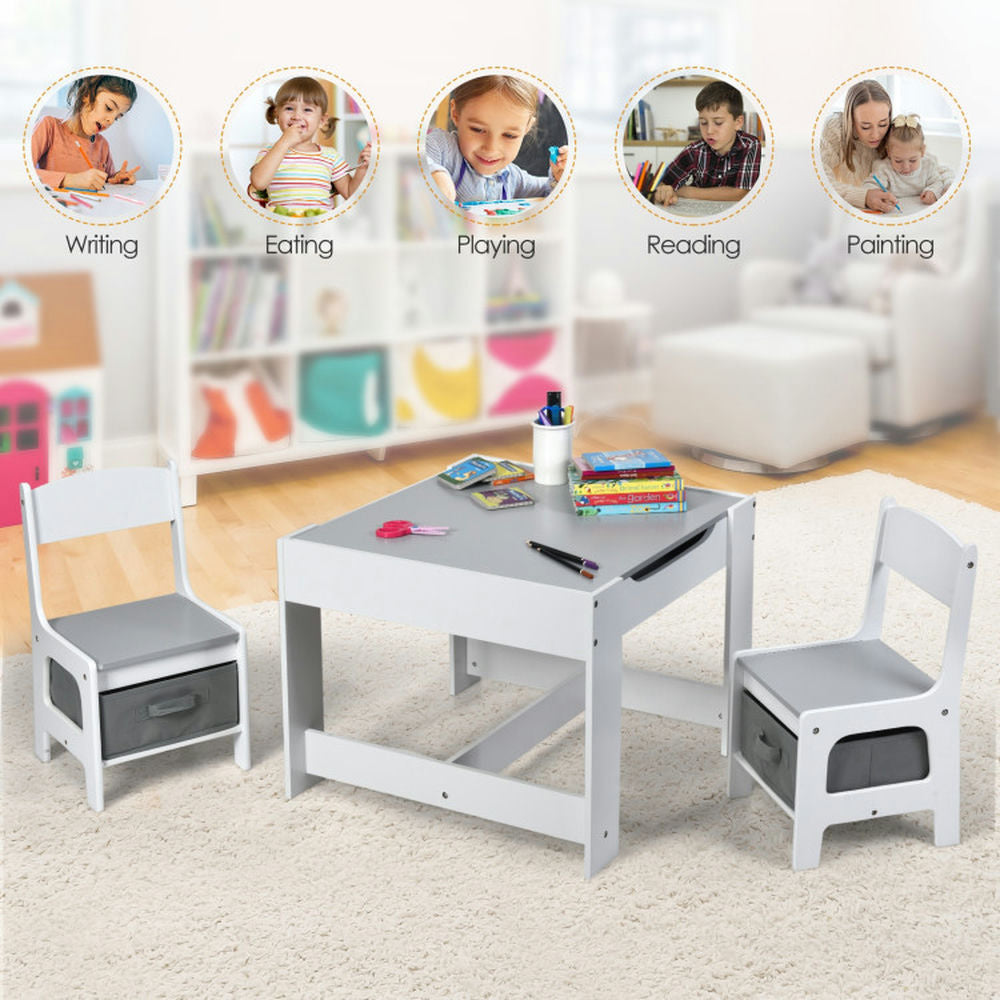 Hommoo Kids Table Chairs Set With Storage Boxes Blackboard Whiteboard Drawing-White Small Folding Table for Arts and Image 2