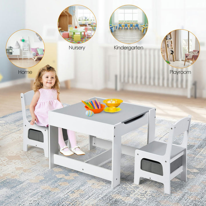 Hommoo Kids Table Chairs Set With Storage Boxes Blackboard Whiteboard Drawing-White Small Folding Table for Arts and Image 3