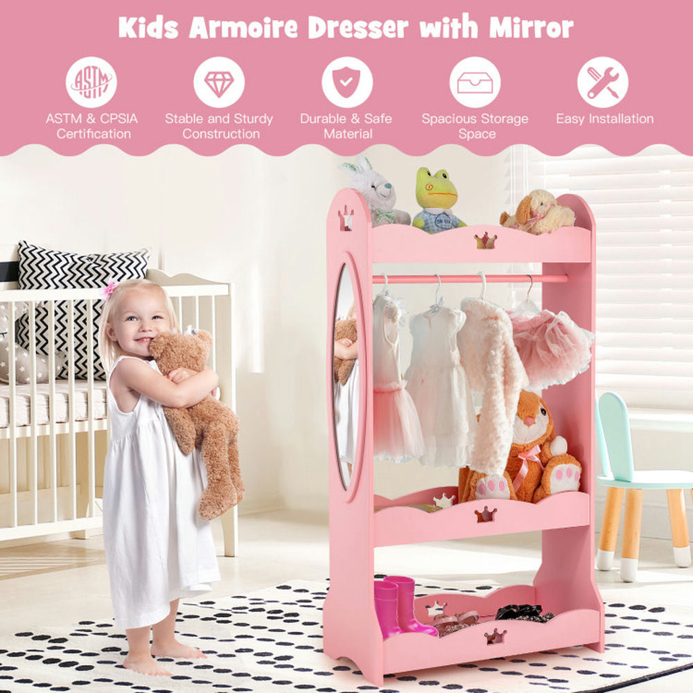 Hommoo Kids Pretend Costume Closet with Mirror-Pink Kids Toy Storage for Kids Boys Girls Nursery Image 4