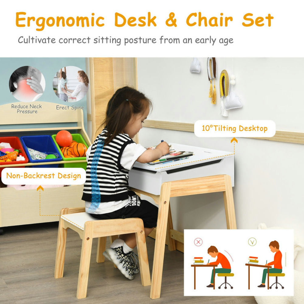 Hommoo Children Activity Art Study Desk and Chair Set with Large Storage Space for Kids Homeschooling-White Image 3