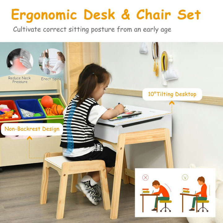 Hommoo Children Activity Art Study Desk and Chair Set with Large Storage Space for Kids Homeschooling-White Image 3