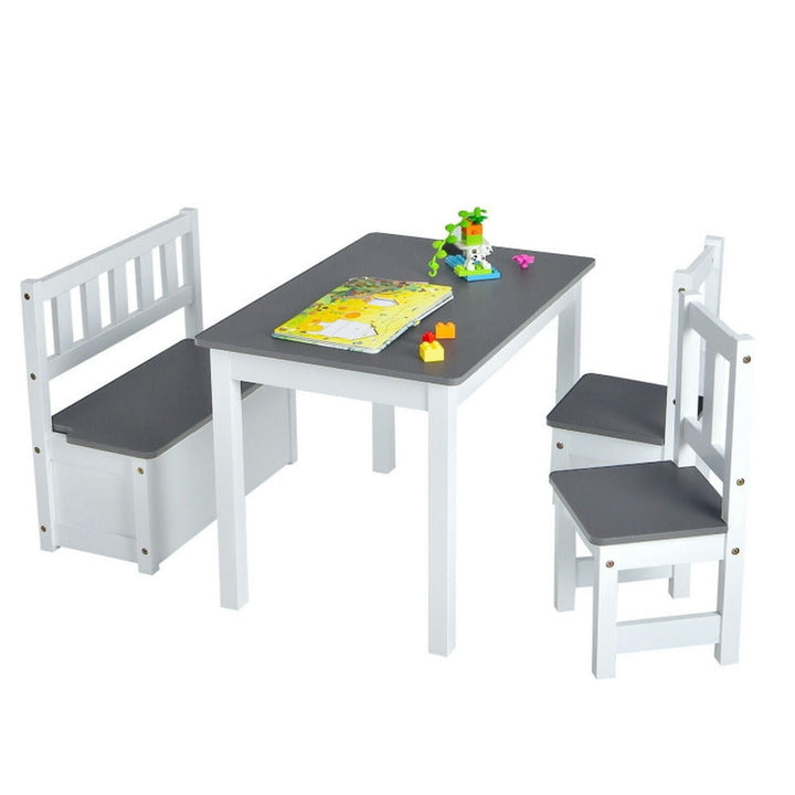 Hommoo 4 Pieces Kids Wooden Activity Table and Chairs Set with Storage Bench and Study Desk-Gray Image 1