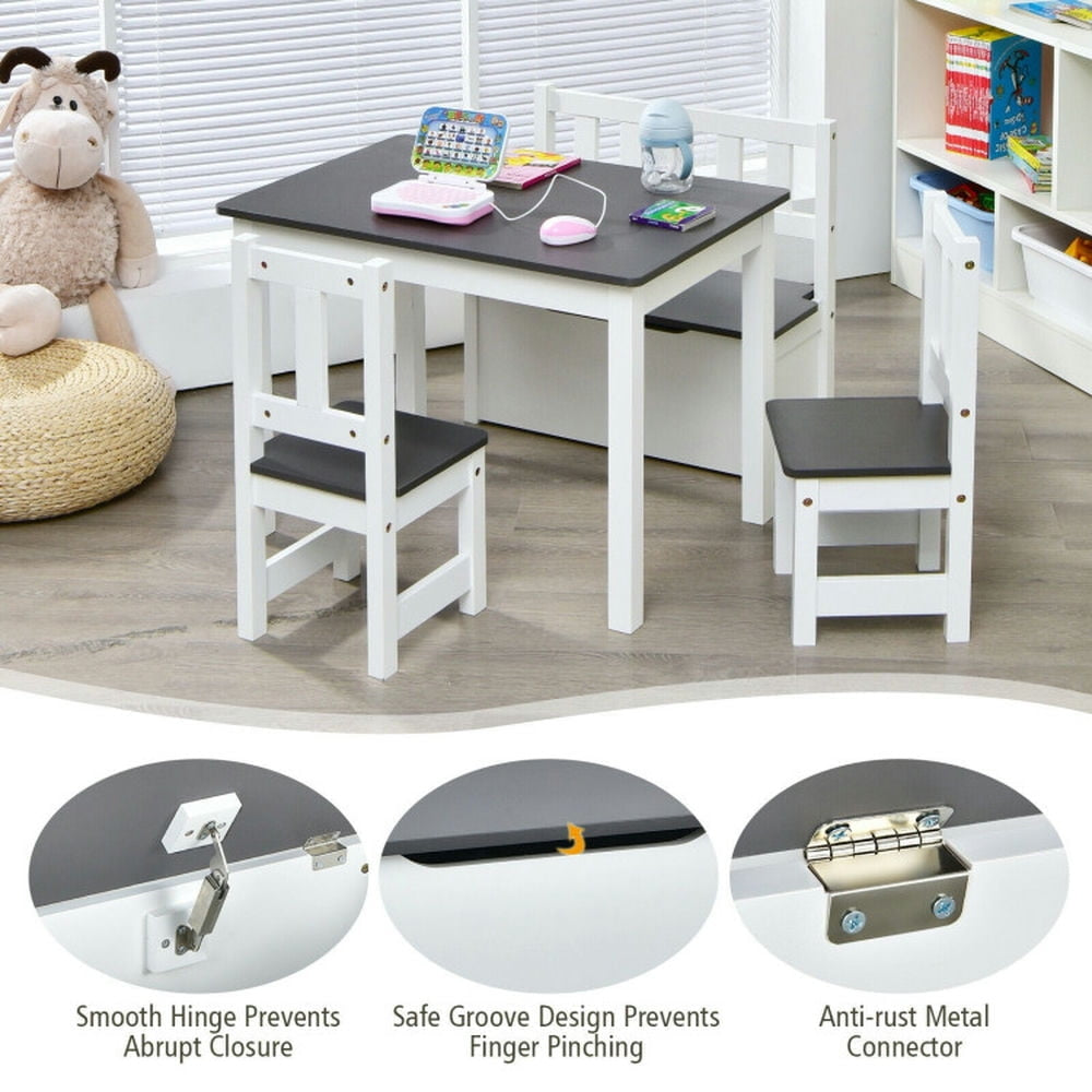 Hommoo 4 Pieces Kids Wooden Activity Table and Chairs Set with Storage Bench and Study Desk-Gray Image 3