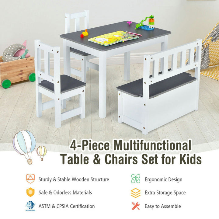 Hommoo 4 Pieces Kids Wooden Activity Table and Chairs Set with Storage Bench and Study Desk-Gray Image 4