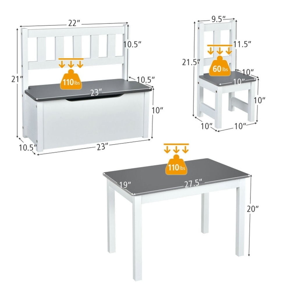 Hommoo 4 Pieces Kids Wooden Activity Table and Chairs Set with Storage Bench and Study Desk-Gray Image 6