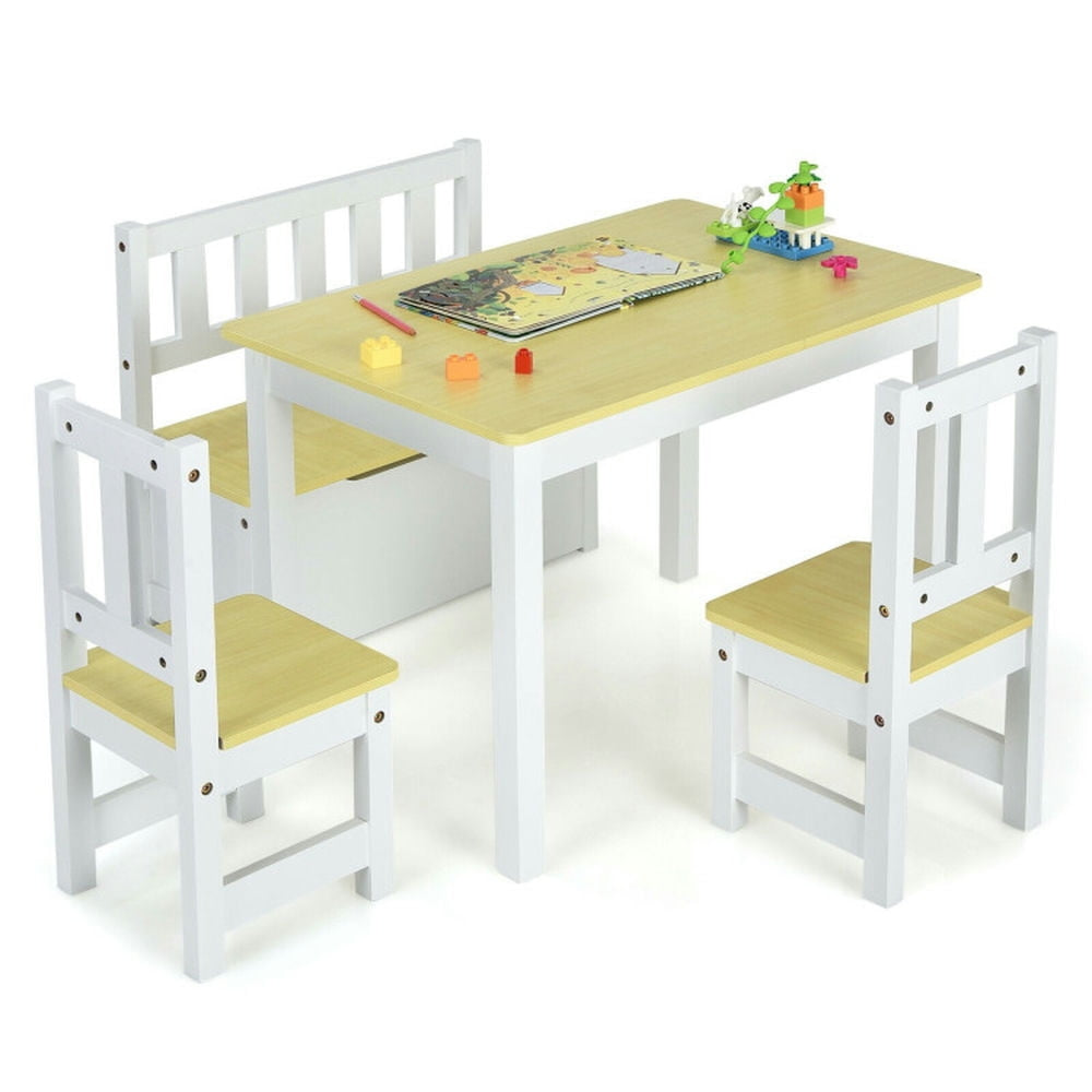 Hommoo 4 Pieces Kids Wooden Activity Table and Chairs Set with Storage Bench and Study Desk-Natural Image 1