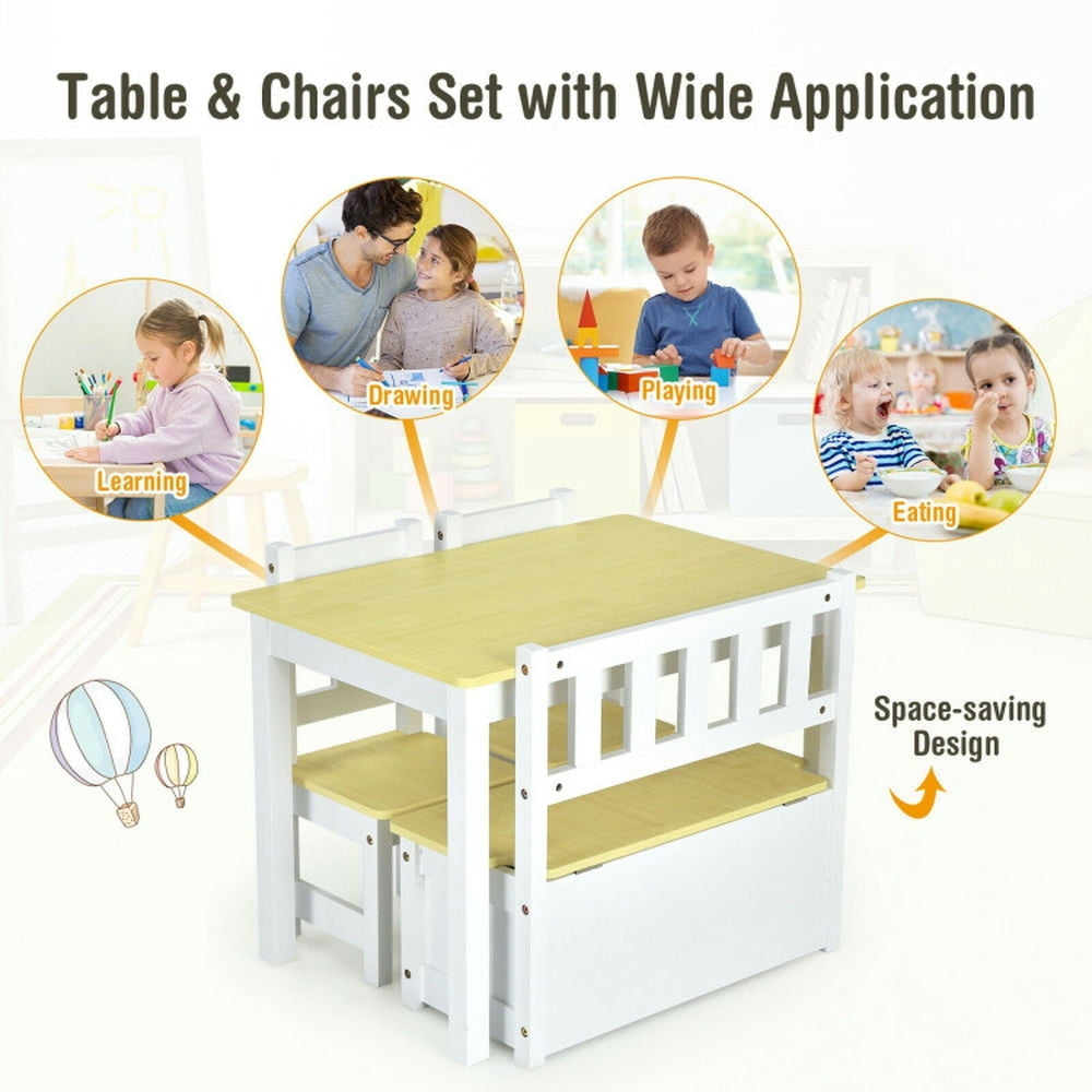 Hommoo 4 Pieces Kids Wooden Activity Table and Chairs Set with Storage Bench and Study Desk-Natural Image 2