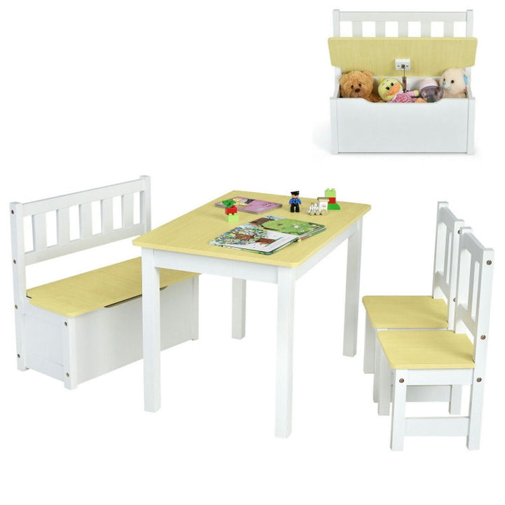 Hommoo 4 Pieces Kids Wooden Activity Table and Chairs Set with Storage Bench and Study Desk-Natural Image 4