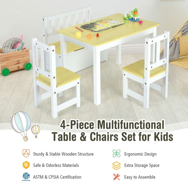 Hommoo 4 Pieces Kids Wooden Activity Table and Chairs Set with Storage Bench and Study Desk-Natural Image 6