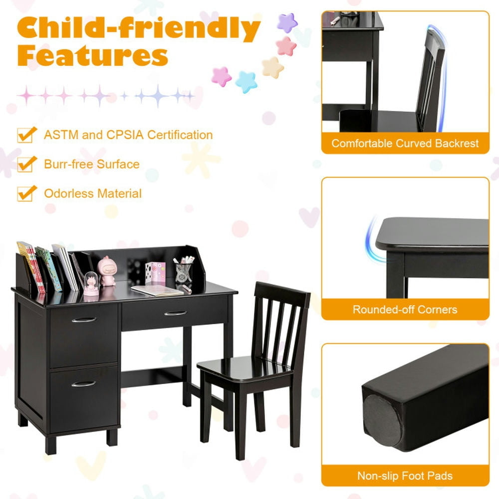 Hommoo Kids Wooden Writing Furniture Set with Drawer and Storage Cabinet-Dark Brown Small Folding Table for Arts and Image 3