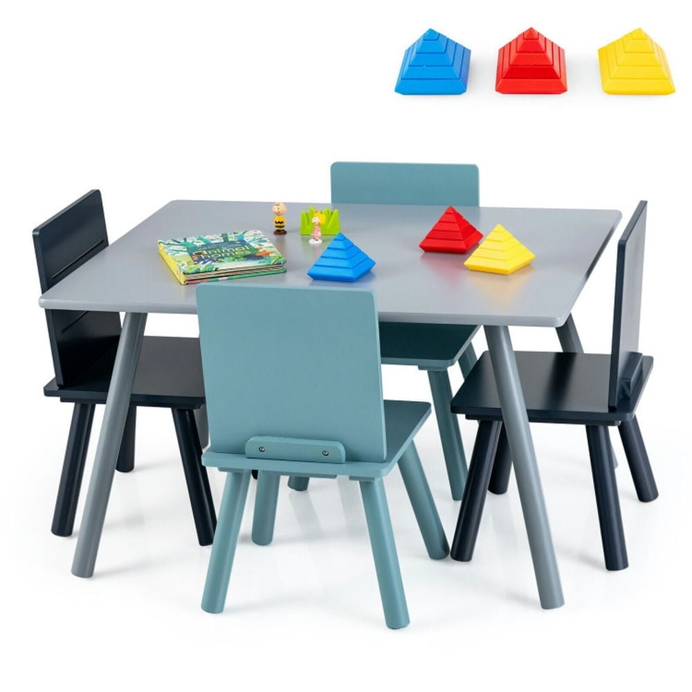 Hommoo 5 Pieces Kids Wooden Activity Play Furniture Set with Building Blocks-Blue Small Folding Table for Arts and Image 3