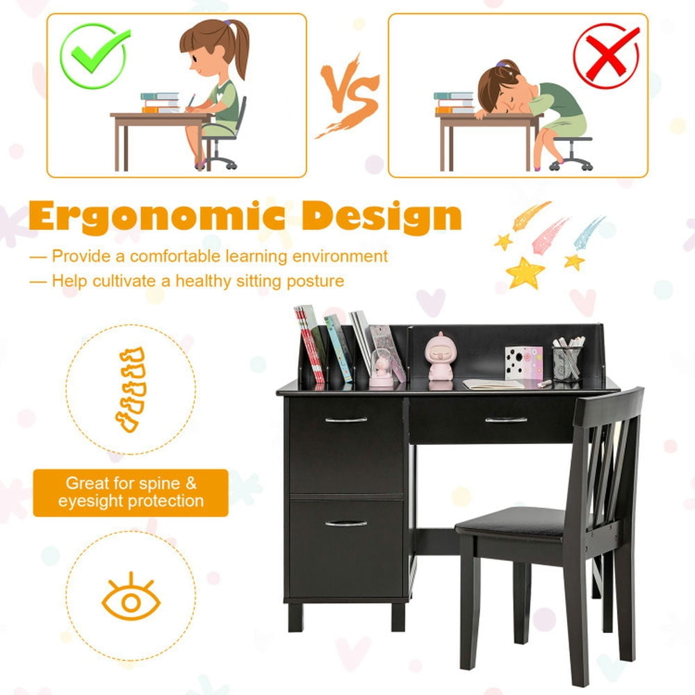 Hommoo Kids Wooden Writing Furniture Set with Drawer and Storage Cabinet-Dark Brown Small Folding Table for Arts and Image 4