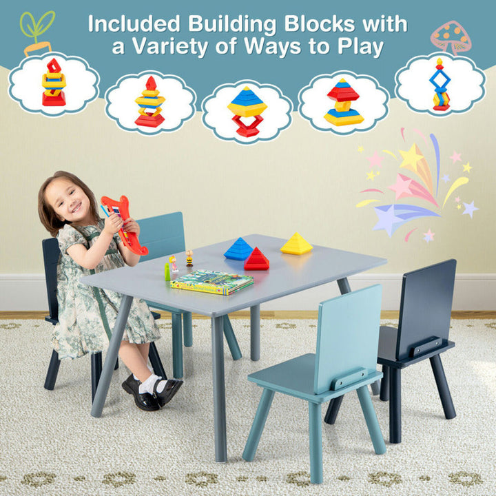 Hommoo 5 Pieces Kids Wooden Activity Play Furniture Set with Building Blocks-Blue Small Folding Table for Arts and Image 6