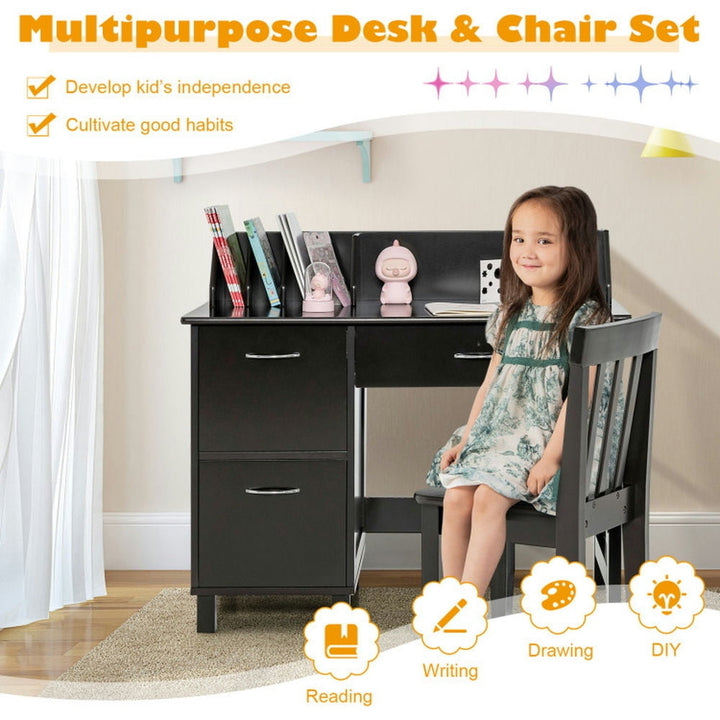 Hommoo Kids Wooden Writing Furniture Set with Drawer and Storage Cabinet-Dark Brown Small Folding Table for Arts and Image 6