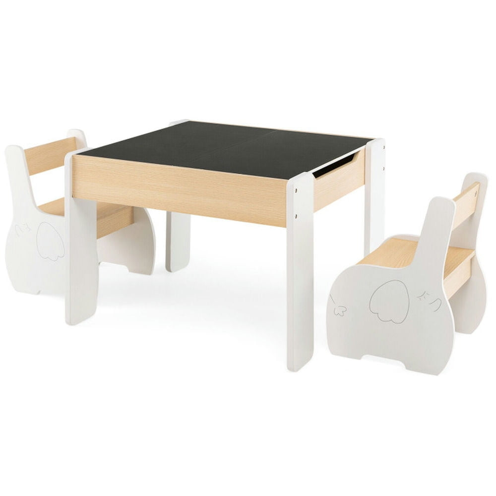 Hommoo 4-in-1 Wooden Activity Kids Table and Chairs with Storage and Detachable Blackboard-White Image 1