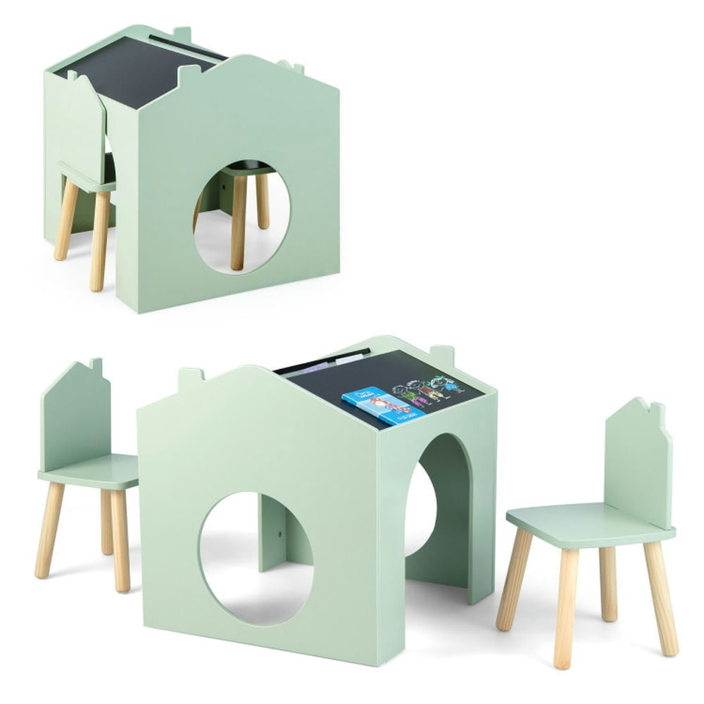 Hommoo 3 Pieces Wooden Kids Table and Chair Set-Green Small Folding Table for Arts and Crafts Snack Time Homeschooling Image 1