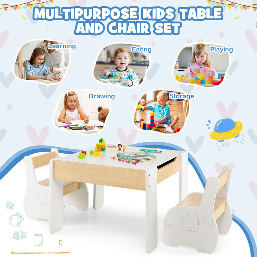 Hommoo 4-in-1 Wooden Activity Kids Table and Chairs with Storage and Detachable Blackboard-White Image 4