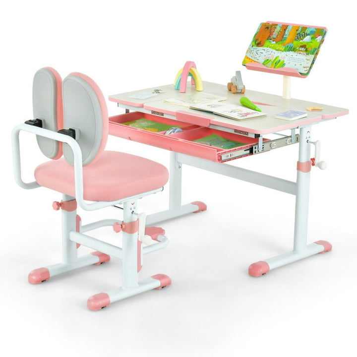 Hommoo Height-Adjustable Kids Study Desk and Chair Set-Pink Small Folding Table for Arts and Crafts Snack Time Image 1