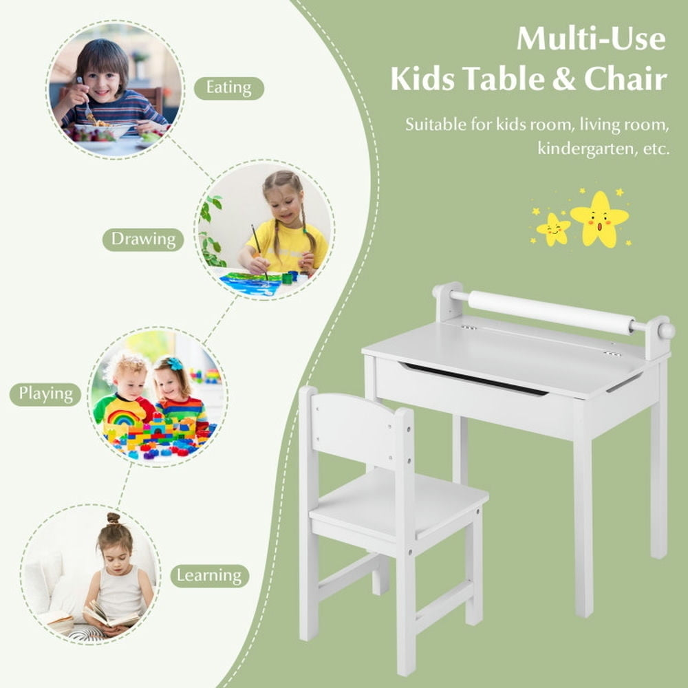 Hommoo Wooden Kids Table and Chair Set with Storage and Paper Roll Holder-White Small Folding Table for Arts and Crafts Image 2