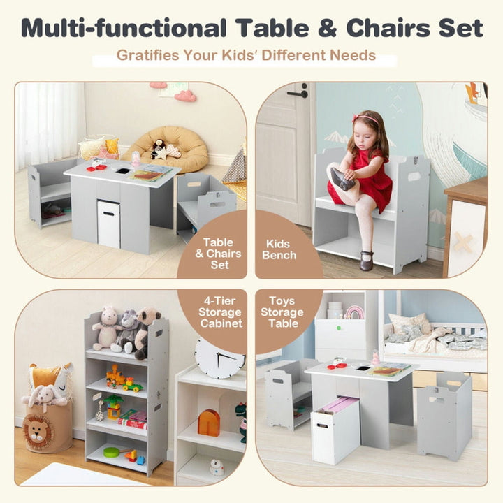 Hommoo 4-in-1 Kids Table and Chairs with Multiple Storage for Learning-Gray Small Folding Table for Arts and Crafts Image 2