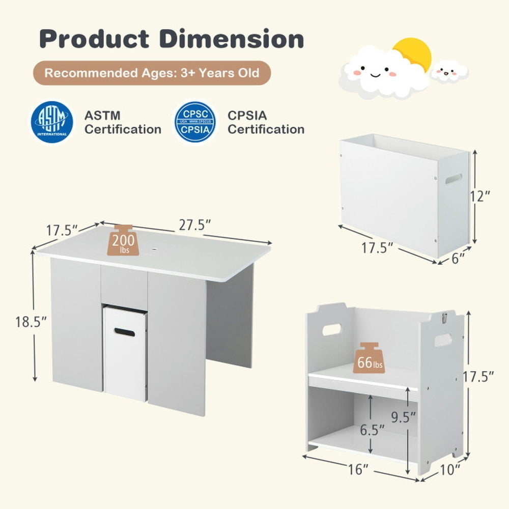 Hommoo 4-in-1 Kids Table and Chairs with Multiple Storage for Learning-Gray Small Folding Table for Arts and Crafts Image 3