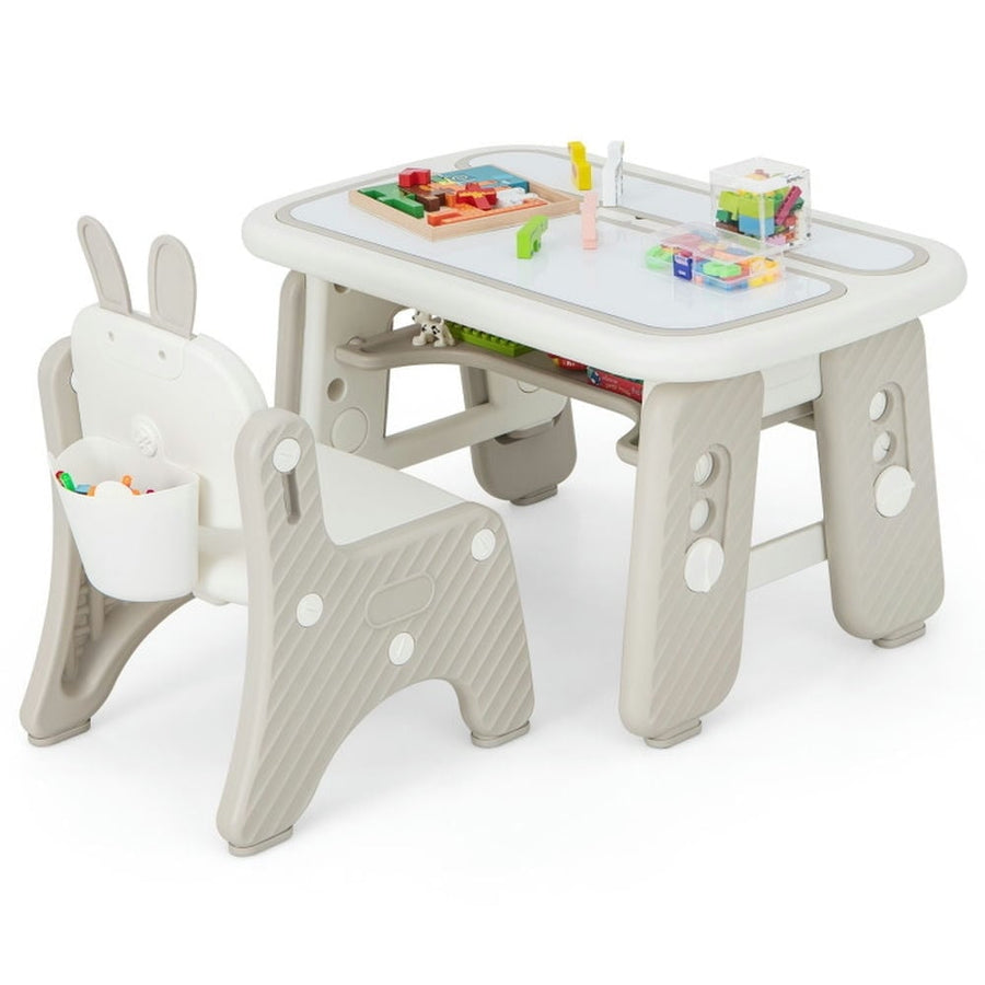 Hommoo Kids Table and Chair Set with Flip-Top Bookshelf-Gray Small Folding Table for Arts and Crafts Snack Time Image 1