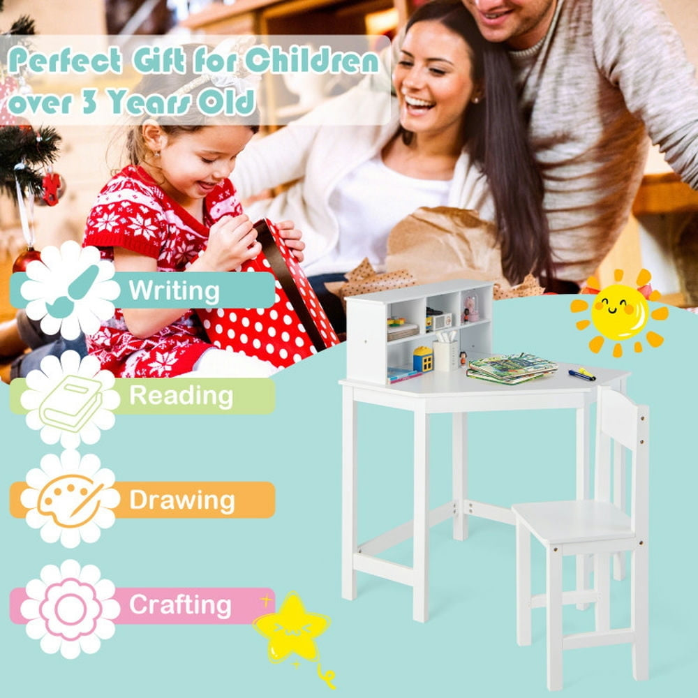 Hommoo Kids Wooden Corner Desk and Chair Set with Hutch and Storage-White Small Folding Table for Arts and Crafts Snack Image 2