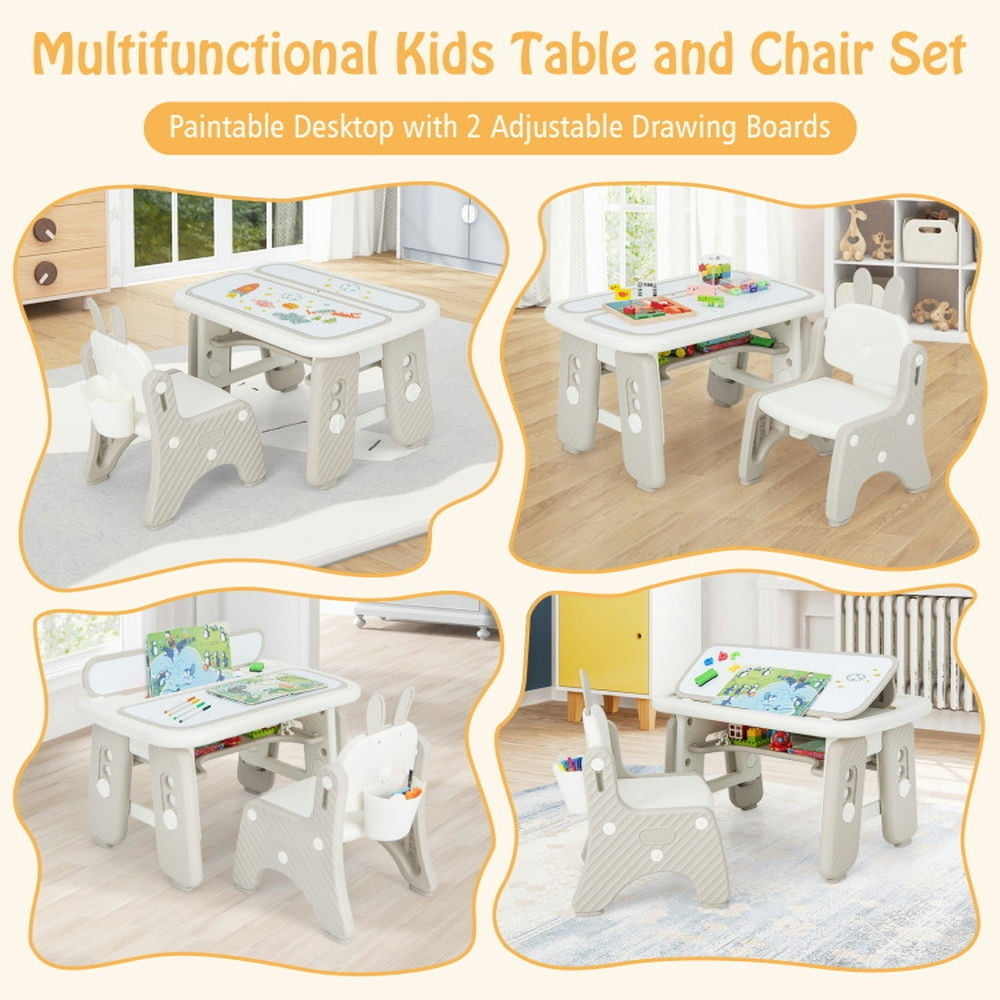 Hommoo Kids Table and Chair Set with Flip-Top Bookshelf-Gray Small Folding Table for Arts and Crafts Snack Time Image 4