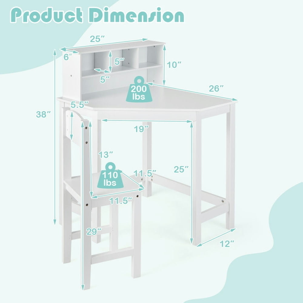 Hommoo Kids Wooden Corner Desk and Chair Set with Hutch and Storage-White Small Folding Table for Arts and Crafts Snack Image 4