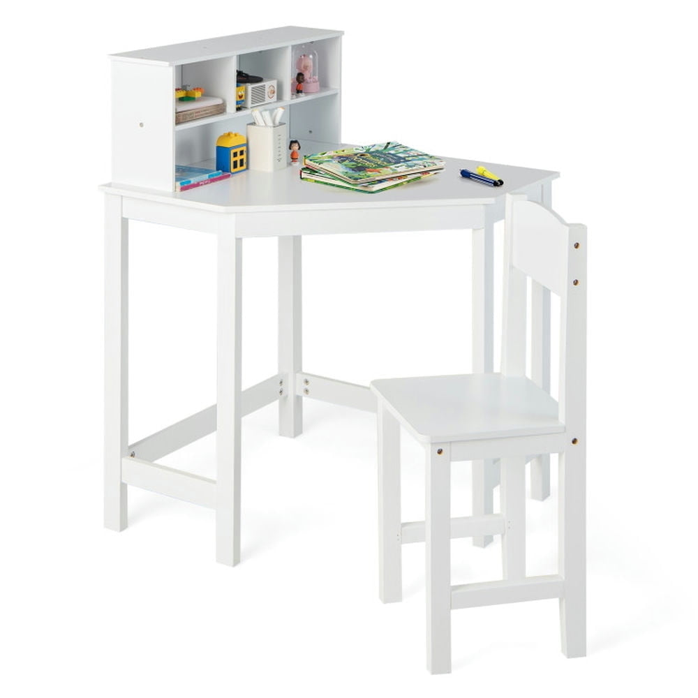 Hommoo Kids Wooden Corner Desk and Chair Set with Hutch and Storage-White Small Folding Table for Arts and Crafts Snack Image 6