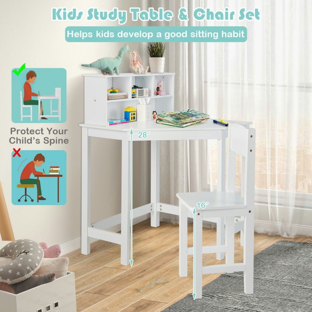 Hommoo Kids Wooden Corner Desk and Chair Set with Hutch and Storage-White Small Folding Table for Arts and Crafts Snack Image 7