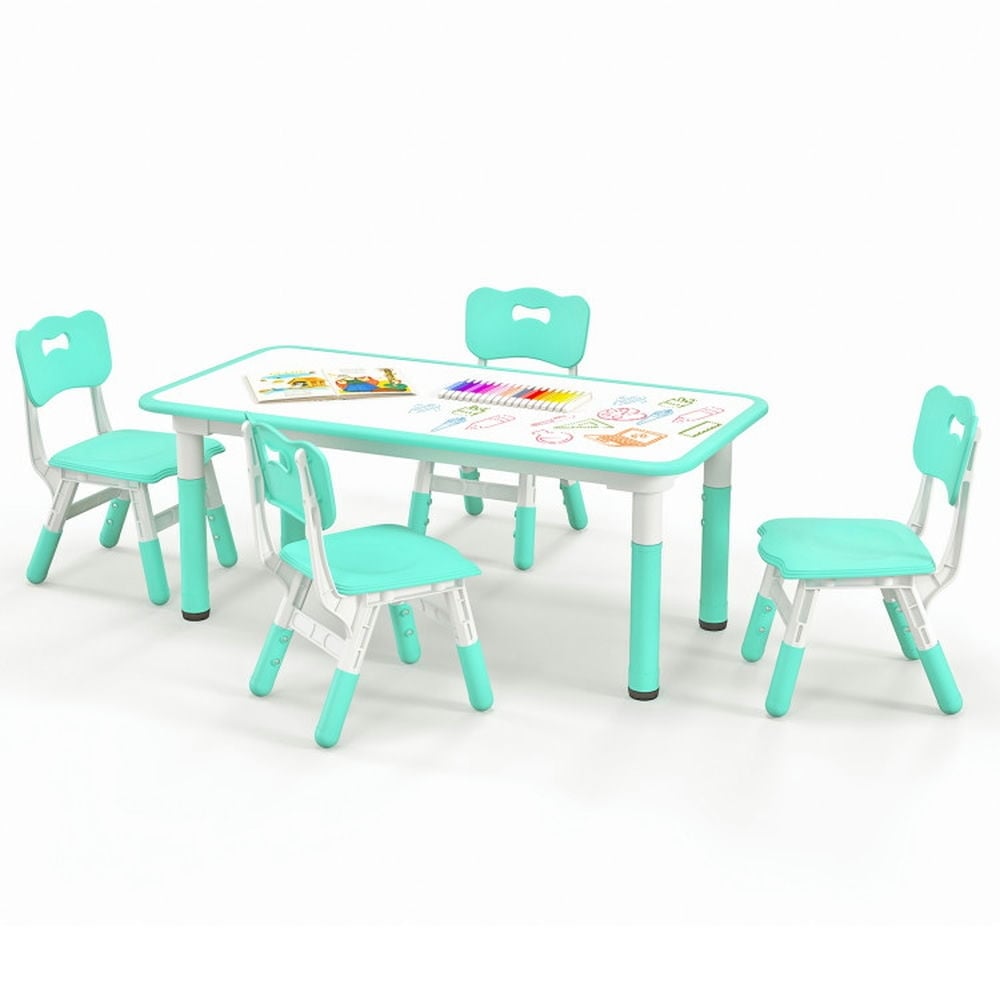 Hommoo Kids Table and Chairs Set for 4 with Graffiti Desktop-Green Small Folding Table for Arts and Crafts Snack Time Image 1