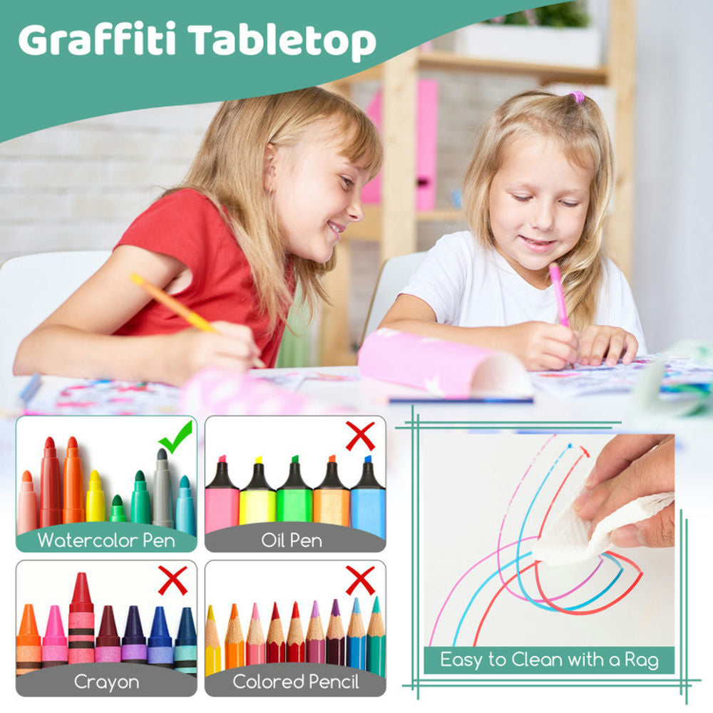 Hommoo Kids Table and Chairs Set for 4 with Graffiti Desktop-Green Small Folding Table for Arts and Crafts Snack Time Image 2