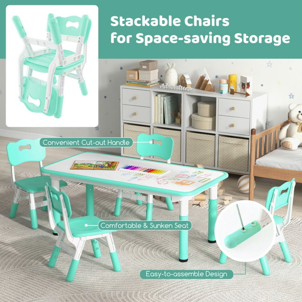 Hommoo Kids Table and Chairs Set for 4 with Graffiti Desktop-Green Small Folding Table for Arts and Crafts Snack Time Image 3