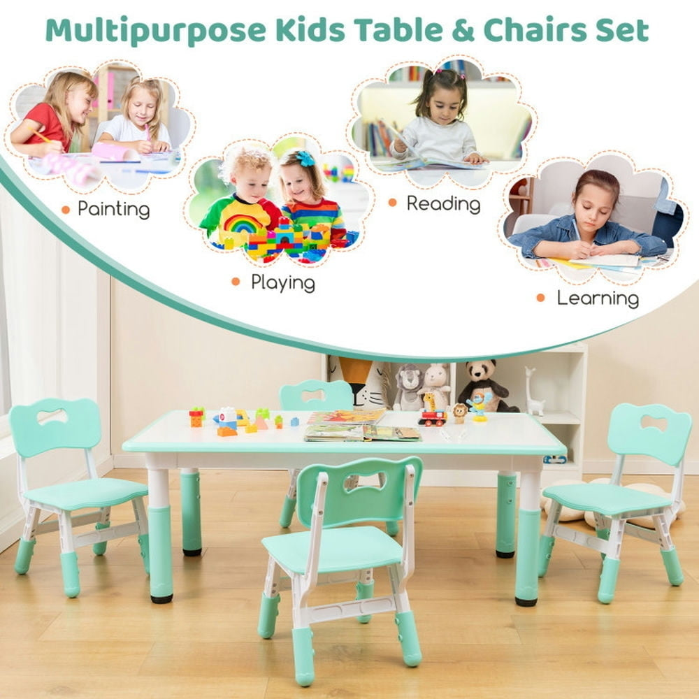 Hommoo Kids Table and Chairs Set for 4 with Graffiti Desktop-Green Small Folding Table for Arts and Crafts Snack Time Image 4