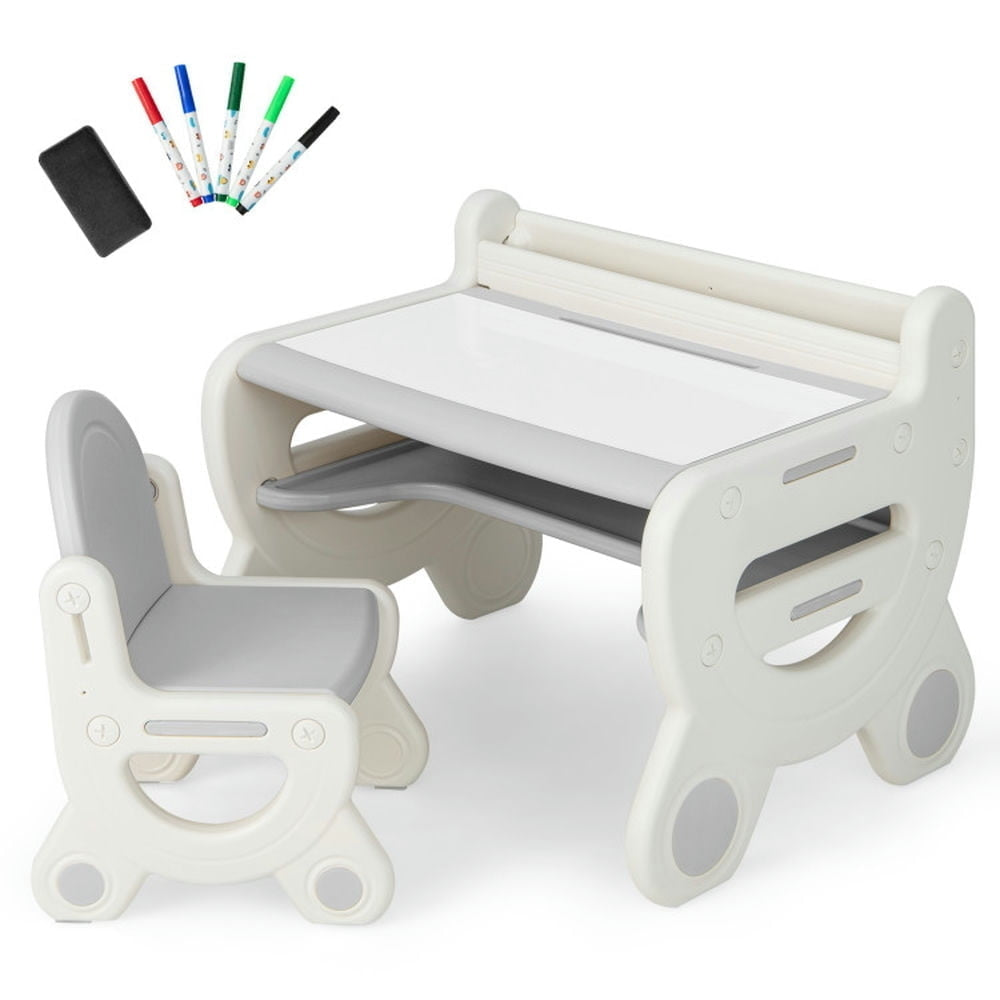 Hommoo Kids Drawing Table and Chair Set with Watercolor Pens and Blackboard Eraser-Gray Small Folding Table for Arts and Image 1