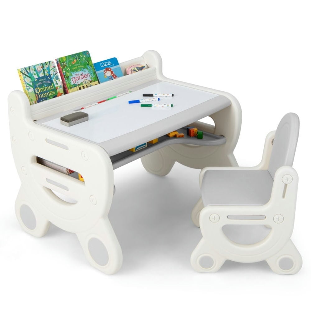 Hommoo Kids Drawing Table and Chair Set with Watercolor Pens and Blackboard Eraser-Gray Small Folding Table for Arts and Image 2