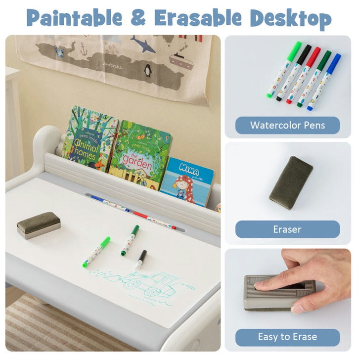 Hommoo Kids Drawing Table and Chair Set with Watercolor Pens and Blackboard Eraser-Gray Small Folding Table for Arts and Image 3