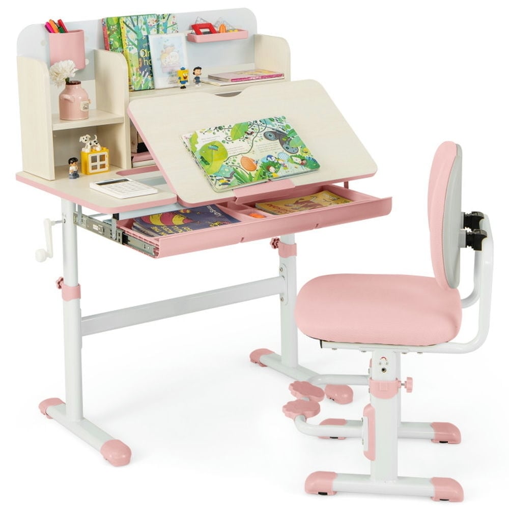 Hommoo Height Adjustable Children School Home Study Table and Chair Set with Tilted Desktop for 3-12 Years Old-Pink Image 1