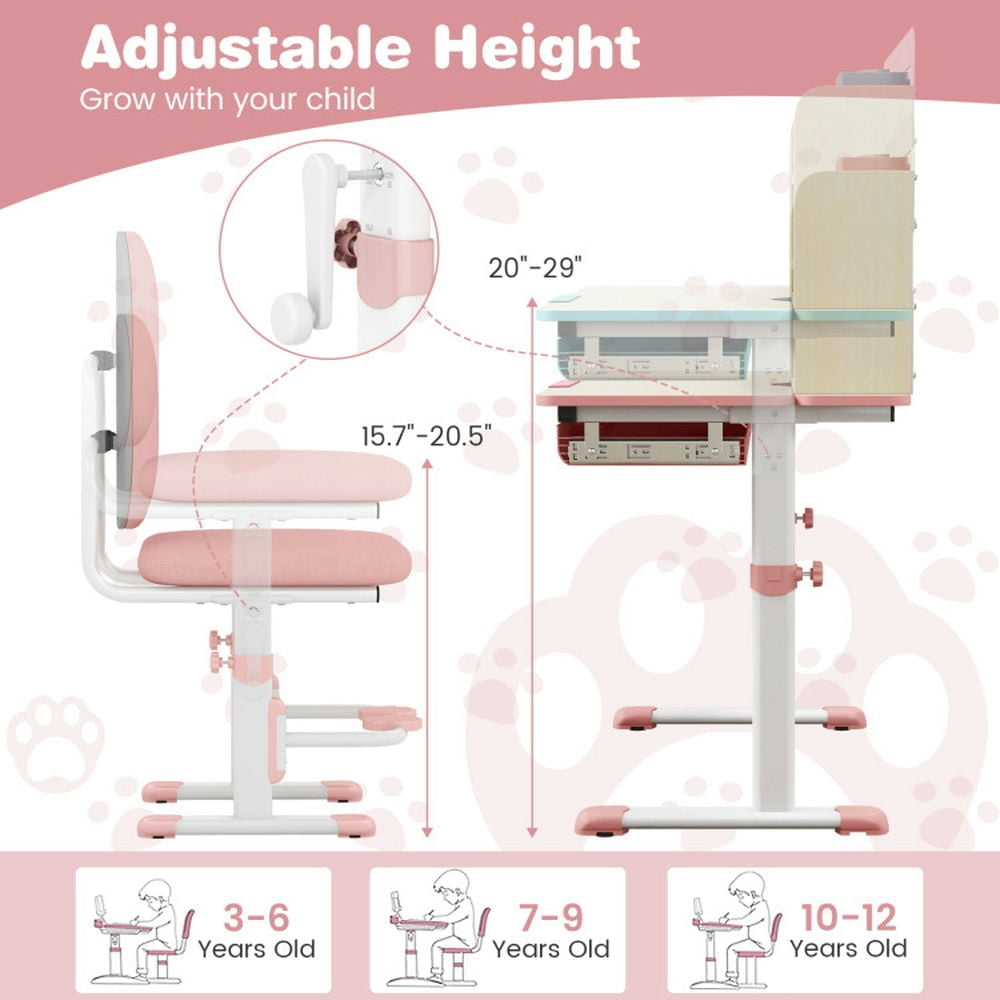 Hommoo Height Adjustable Children School Home Study Table and Chair Set with Tilted Desktop for 3-12 Years Old-Pink Image 2