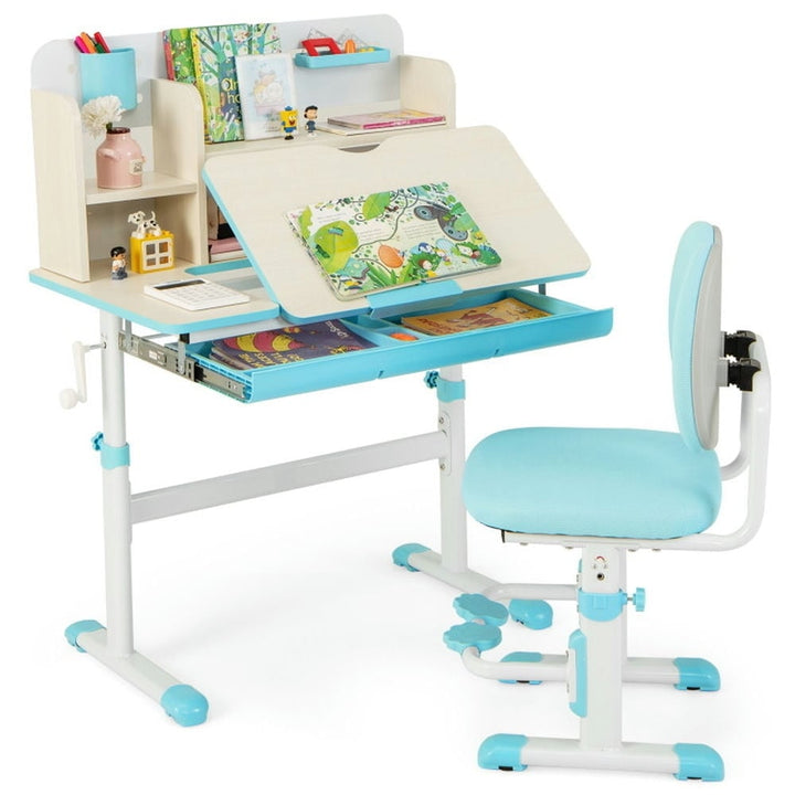 Hommoo Height Adjustable Children School Home Study Table and Chair Set with Tilted Desktop for 3-12 Years Old-Blue Image 1