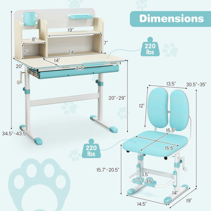 Hommoo Height Adjustable Children School Home Study Table and Chair Set with Tilted Desktop for 3-12 Years Old-Blue Image 2