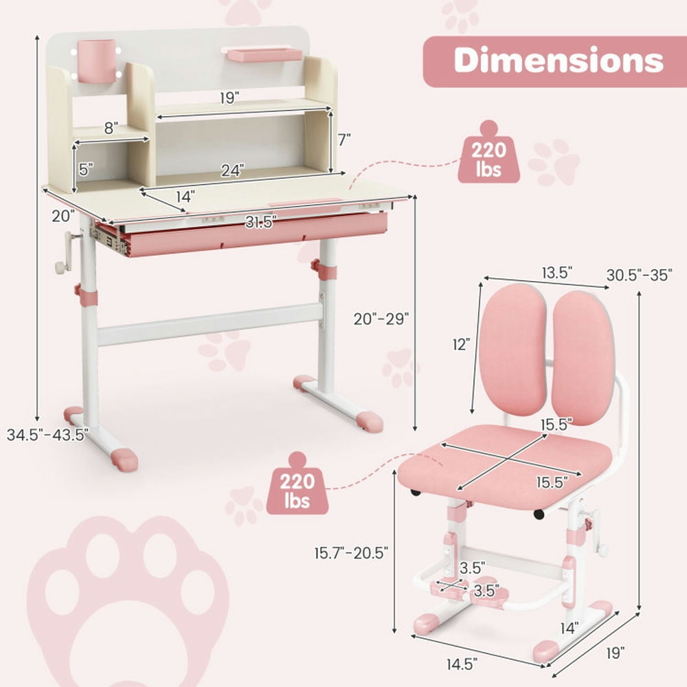 Hommoo Height Adjustable Children School Home Study Table and Chair Set with Tilted Desktop for 3-12 Years Old-Pink Image 4