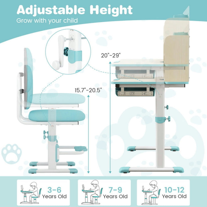 Hommoo Height Adjustable Children School Home Study Table and Chair Set with Tilted Desktop for 3-12 Years Old-Blue Image 4