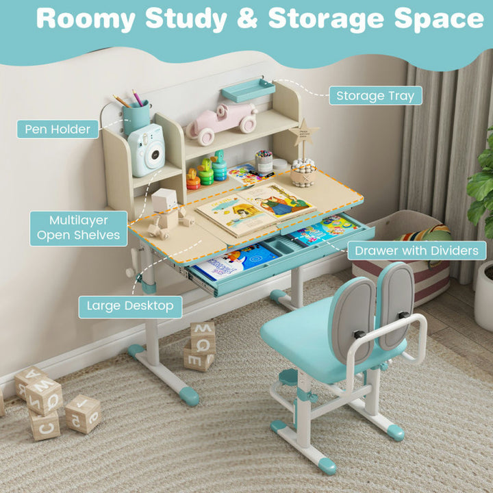 Hommoo Height Adjustable Children School Home Study Table and Chair Set with Tilted Desktop for 3-12 Years Old-Blue Image 6