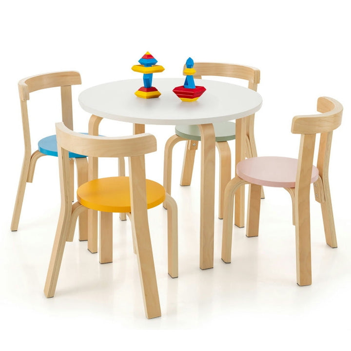 Hommoo 5-Piece Kids Wooden Curved Back Activity Table and Chair Set withToy Bricks Small Folding Table for Arts and Image 3