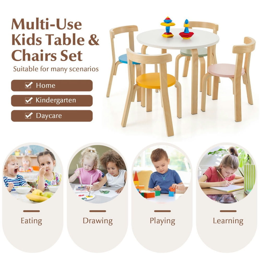 Hommoo 5-Piece Kids Wooden Curved Back Activity Table and Chair Set withToy Bricks Small Folding Table for Arts and Image 4